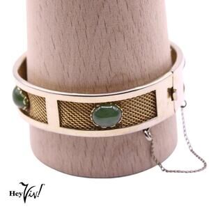 Vintage Hinged Bangle Bracelet w Gold Mesh Inserts and Green Glass 7" - Hey Viv